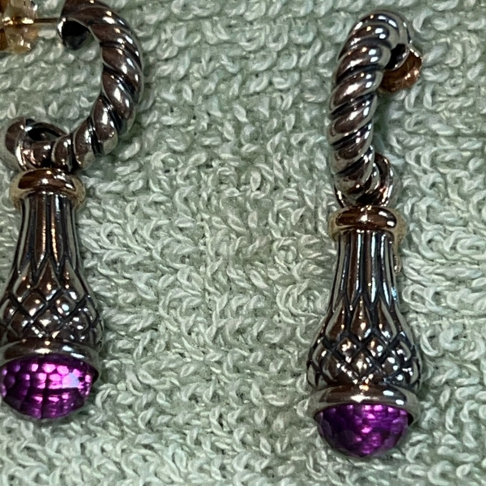 ESTATE STERLING SILVER /14K YELLOW GOLD AMETHYST SHRIMP DANGLE EARRINGS